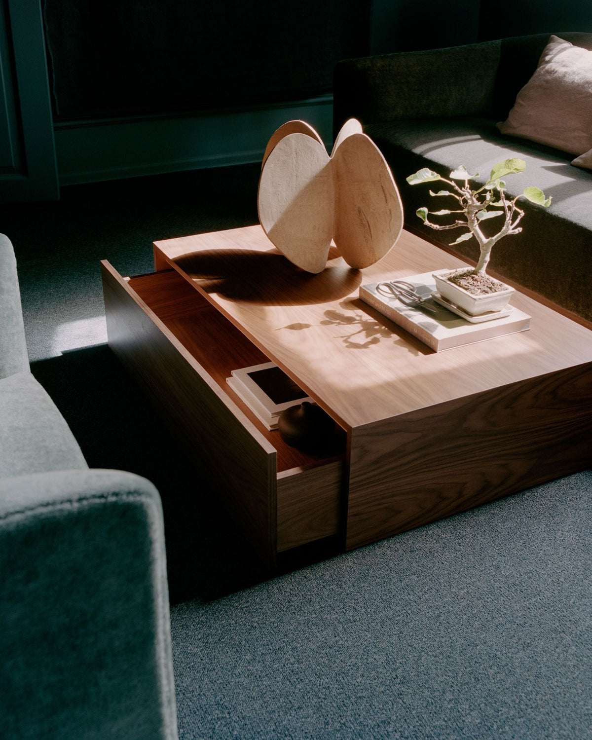 New Works Mass high coffee table with drawer walnut